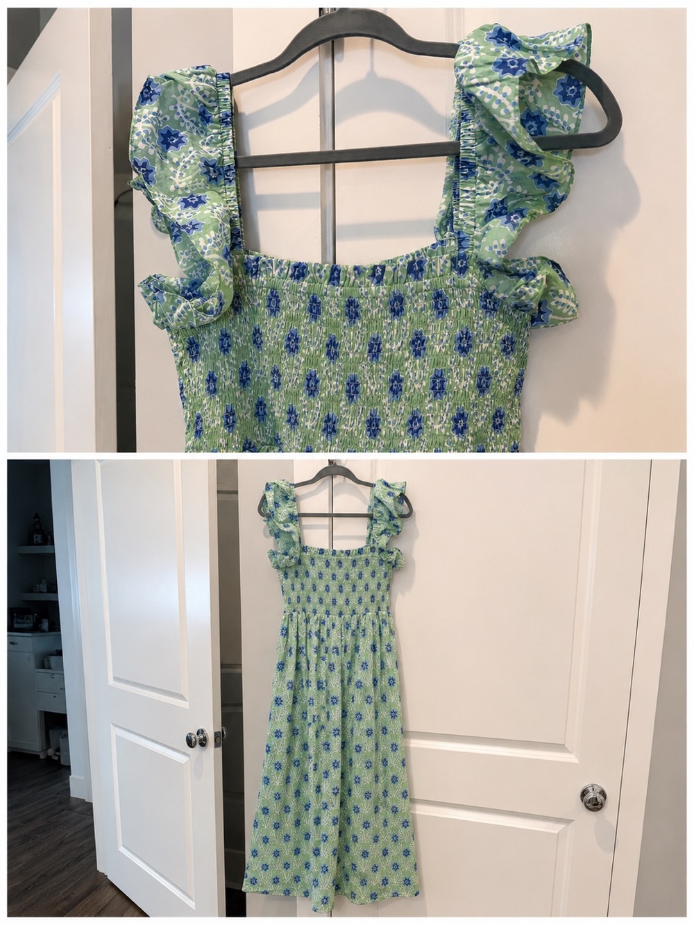 Smocked Ruffle-Strap Midi Dress in Green & Blue